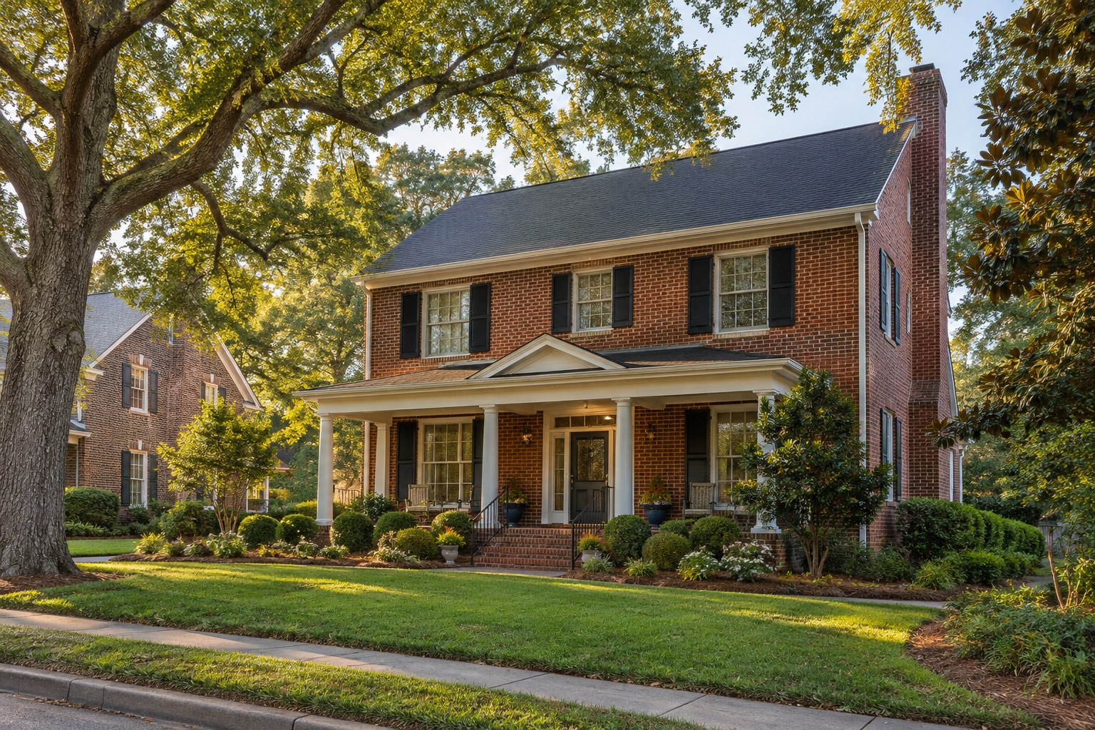 A brick colonial home on a quiet Hampton Roads street, illustrative