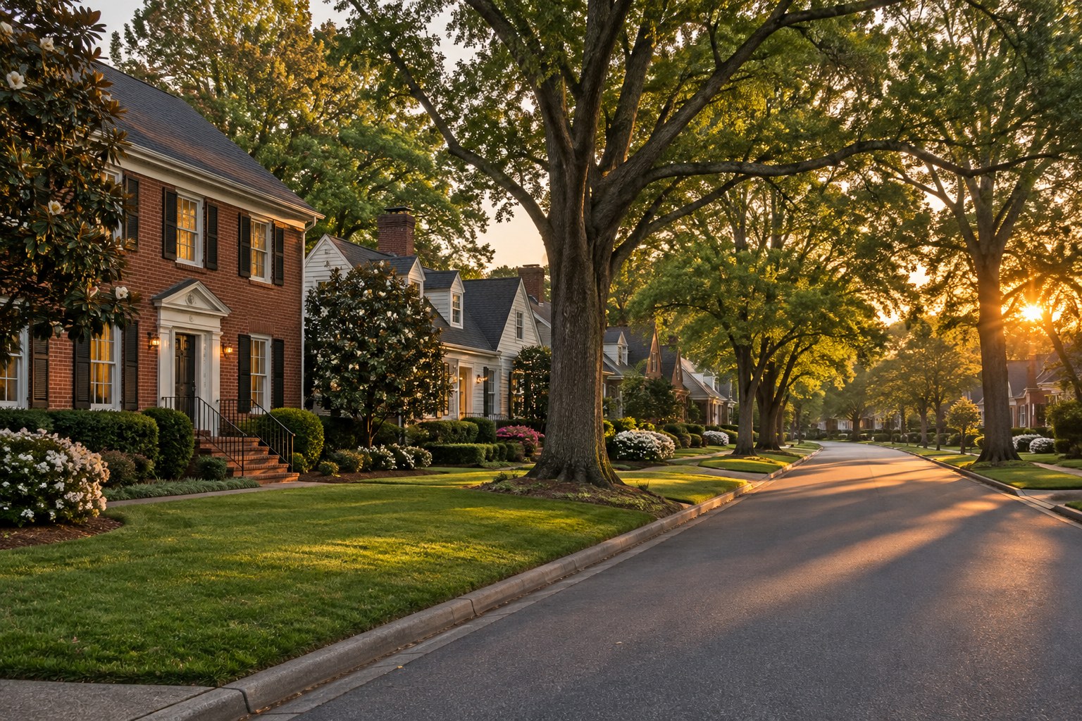 A tree lined residential street at sunset in Virginia, illustrative